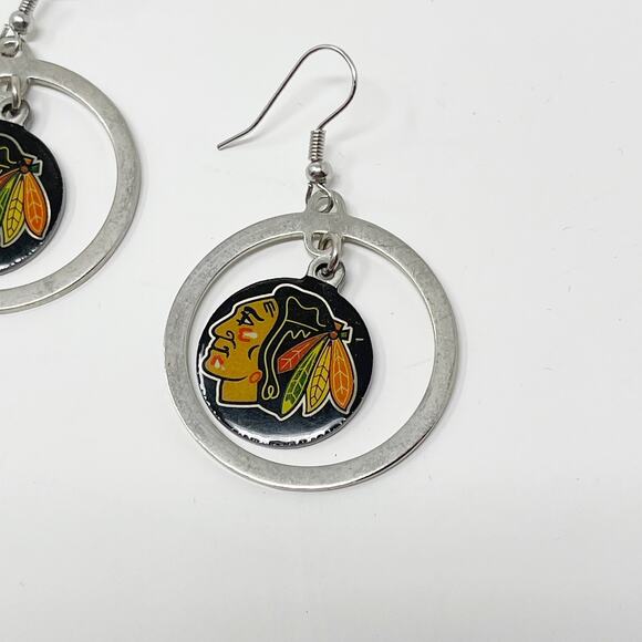 NHL Chicago Blackhawks Hockey Logo Hoop Earrings Silver Tone Drop Earrings - Picture 3 of 5